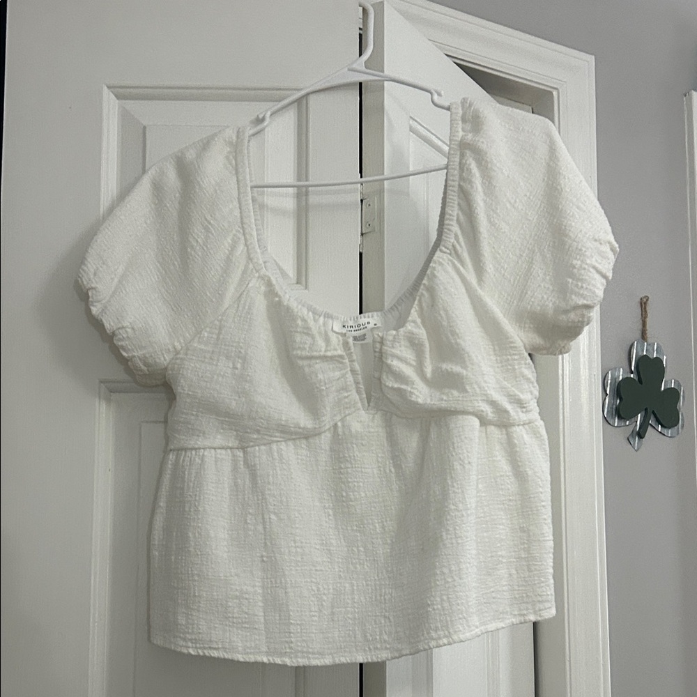 White Textured Short-Sleeve Peasant Blouse